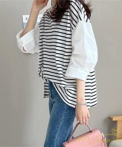 シャツ・ブラウス | ブラウスシャツ レディース 七分袖 Tシャツ 切り替え ボーダー フェイク 重ね着風 レイヤード トップス オフィスカジュアル 大人 20代 50代 通勤 30代
