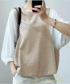 ｔシャツ・カットソー | Tシャツ レディース トップス 七分袖 切り替え ゆったり パフスリーブ 可愛い フェイク 春物 夏服 ブラウス シンプル オフィス カットソー 20代30代40代