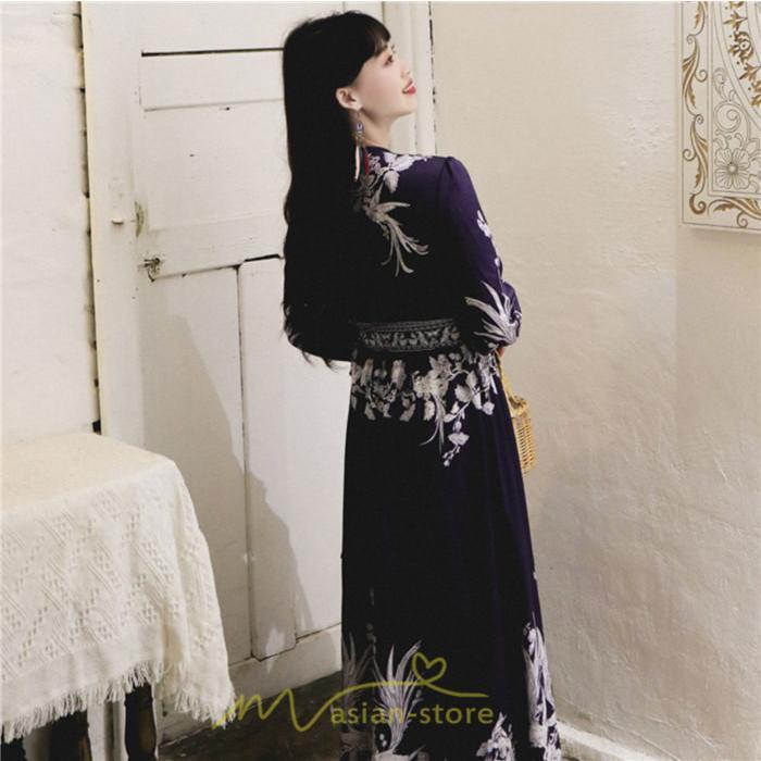 マキシ | マキシワンピース ロングワンピース レディース 夏 秋 長袖 紺 ゆったり Aライン 花柄プリント きれいめ リゾート 大人 20代 母 40代 同窓会 二次会 ママ 30代