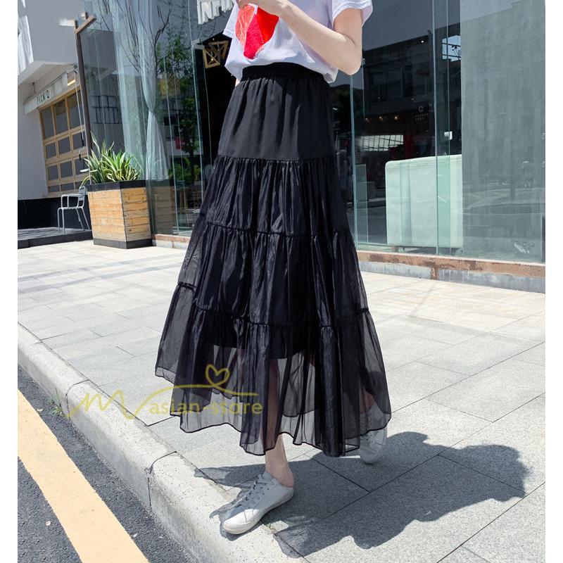 スカート | レディース チュール春夏 コーデ ウエストゴム ロングフレア着痩せ 通勤 カジュアル ドッキング プリーツ通学