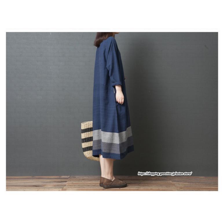 マキシ | リネンワンピース50代レディース綿麻風 長袖秋物 丸ネック 無地 Aラインワンピース ミモレ丈ワンピース サイドポケット ワンピース 30代40代 シンプル 大人