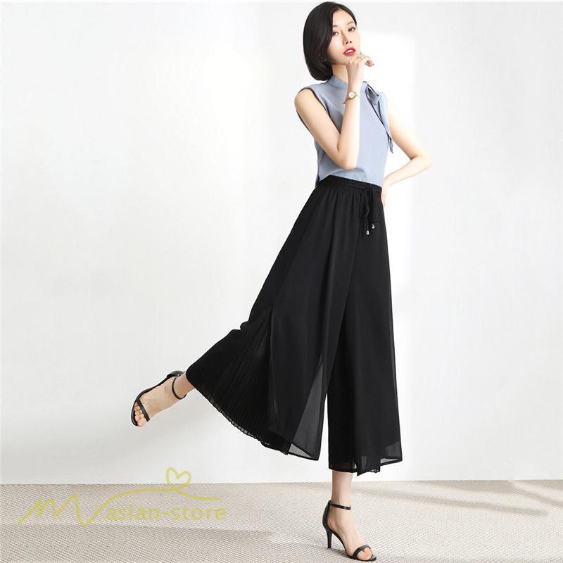 ワイドパンツ | キュロットスカート レディース 春夏新作 九分丈無地 ハイウエスト 体型カバーズボン 30代 40代 50代 ボトムス 通勤 着痩せ オシャレ