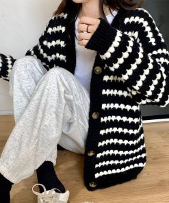 カーディガン | 配色ボーダー柄ニットカーディガンVネック