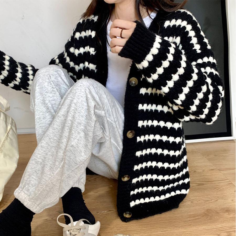 カーディガン | 配色ボーダー柄ニットカーディガンVネック