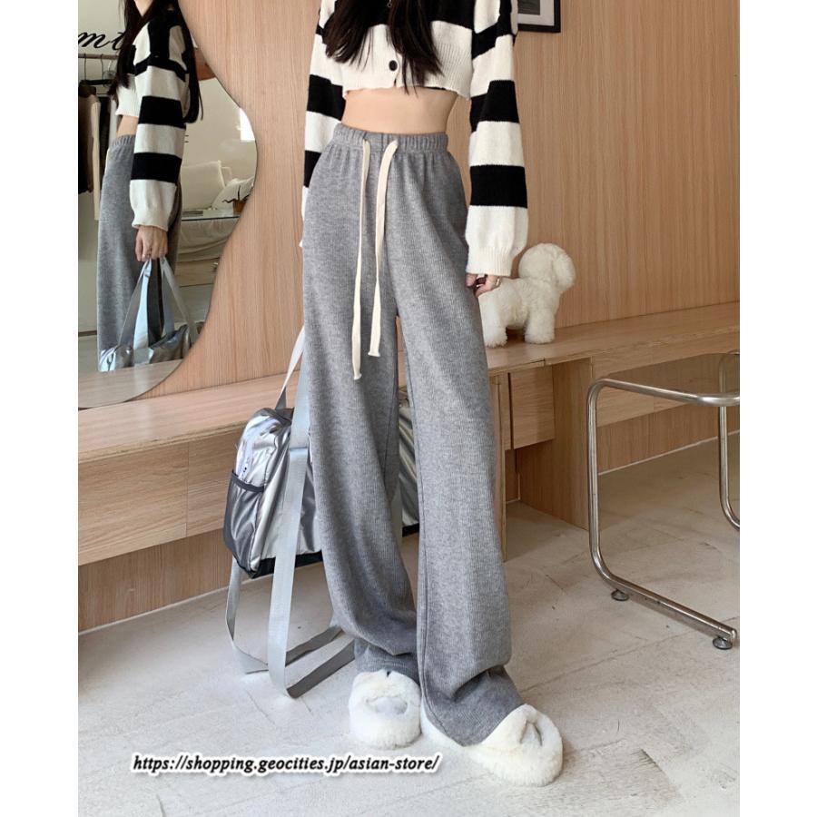 ワイドパンツ | ニットパンツ レディース 綿パンツ リブニット 秋冬 裏起毛 暖かい ロングパンツ ウエストゴム 春 パンツ シンプル 無地 ボトムス 部屋着 ズボン