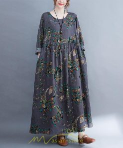 マキシ | ワンピース レディース 長袖 ロング カジュアル 花柄プリント 大きいサイズ  ぽっちゃり 着痩せ 上品 新作 丸首 秋 Aライン 夏 20代30代40代50代 レトロ風
