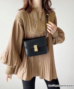 ニット・セーター | 切替ニットセーター レディース トップス プリーツ パフスリーブ ブラウン 長袖 Vネック 切り替え セーター ニット 可愛い おしゃれ感 無地 シャツ フレア