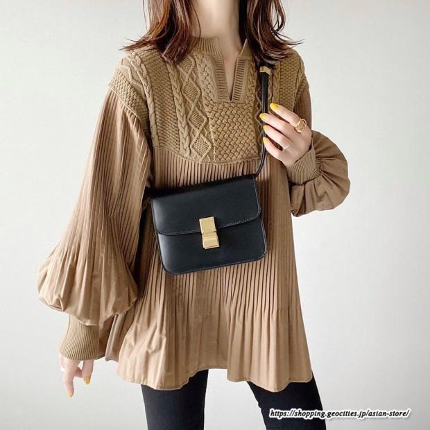 ニット・セーター | 切替ニットセーター レディース トップス プリーツ パフスリーブ ブラウン 長袖 Vネック 切り替え セーター ニット 可愛い おしゃれ感 無地 シャツ フレア