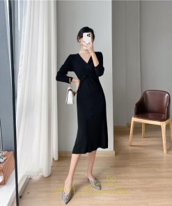 ニットワンピース | 二ットワンピース レディース ニットワンピ Vネック 長袖 トップス チュニック ロング丈 ミモレ丈 着痩せ 秋 冬 コーデ 20代30代40代 フェミニン 上品 大人