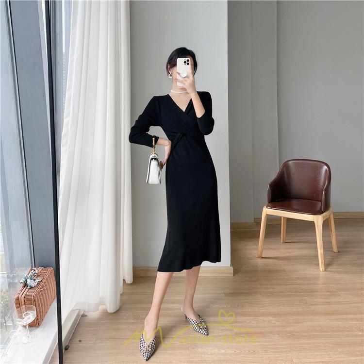 ニットワンピース | 二ットワンピース レディース ニットワンピ Vネック 長袖 トップス チュニック ロング丈 ミモレ丈 着痩せ 秋 冬 コーデ 20代30代40代 フェミニン 上品 大人