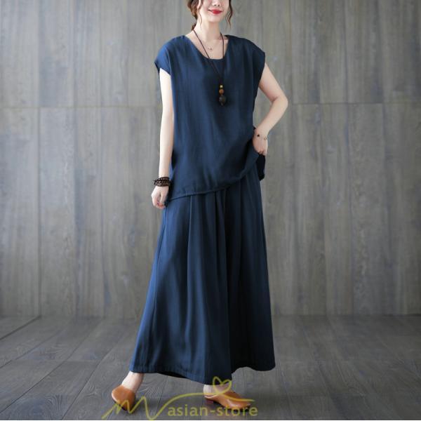 セットアップ | レディース 夏服 Tシャツ ワイドパンツ ガウチョパンツ カジュアル 無地 冷感 涼感 ブラウス トップス 30代40代 2点セット ゴム パンツ 半袖