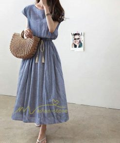マキシ | ワンピース 半袖 夏ワンピース 20代30代 綿麻ワンピース ロングワンピース Aラインワンピース ウエストゴム リボン付き フレア 軽い 薄手 夏物 大人 40代50代