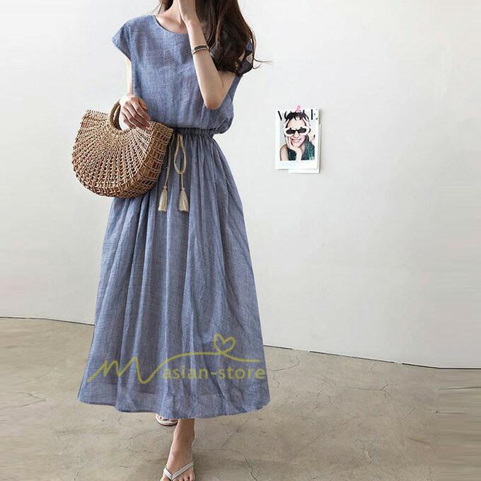 マキシ | ワンピース 半袖 夏ワンピース 20代30代 綿麻ワンピース ロングワンピース Aラインワンピース ウエストゴム リボン付き フレア 軽い 薄手 夏物 大人 40代50代