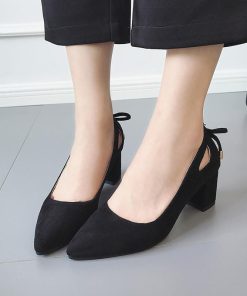 パンプス | スエード調 ポインテッドトゥ チャンキーヒール スエード太ヒール ストラップなし スリップオン バックリボン 無地 大きいサイズ ミドル