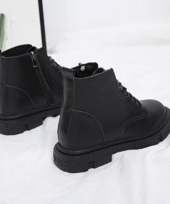 ショートブーツ | ラウンドトゥレディース サイドファスナー レースアップ 厚底シューズ 滑り止めソール チャンキーヒール 太ヒール シューズ ブーツ 厚底 黒