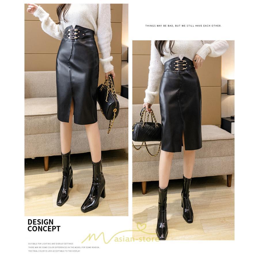 スカート | タイトタイト ロングレディース ロング丈 ひざ下 ハイウエスト レザースリット オシャレ 着痩せ かっこいい 高見え キレイめ