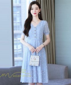 ミディアム | ワンピース レディース 着痩せ 半袖 Vネック カジュアル Aラインワンピース 大きいサイズ 上品 ドット柄 気質 春 新作 サマーワンピース 夏 おしゃれ