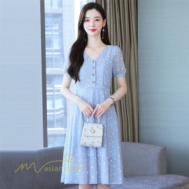 ミディアム | ワンピース レディース 着痩せ 半袖 Vネック カジュアル Aラインワンピース 大きいサイズ 上品 ドット柄 気質 春 新作 サマーワンピース 夏 おしゃれ