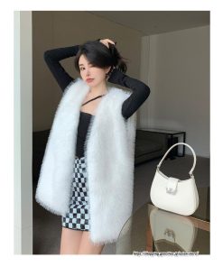 ベスト | ファーレディース 秋冬 ミドル丈 アウター ジレ 羽織り 前開き カーディガン フェイクファー コーデ ノーカラー 送料無料 秋物 冬服 袖なし