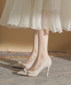 パンプス | ポインテッドトゥ ピンヒール スリップオン レディース ハイヒール グレンチェック ツイード 編みニット エレガント 22cm-24.5cm フェイクパール