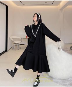 マキシ | スウェットワンピース 秋冬 レディース ロングワンピース ロングスウェット 裾切り替え 長袖ワンピース 30代60代 ゆったり 大人40代 黒ワンピース 大きいサイズ