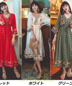 マキシ | 七分袖ワンピース Vネック ロング丈ワンピース エスニック ボヘミアン レディース 夏秋 綿麻 きれいめ フォーマル キレイめ 上品 ゆったり 大人 体型カバー