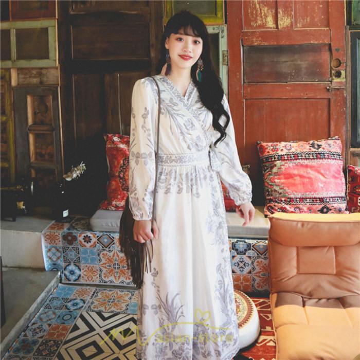 マキシ | マキシワンピース ロングワンピース レディース 夏 秋 長袖 紺 ゆったり Aライン 花柄プリント きれいめ リゾート 大人 20代 母 40代 同窓会 二次会 ママ 30代