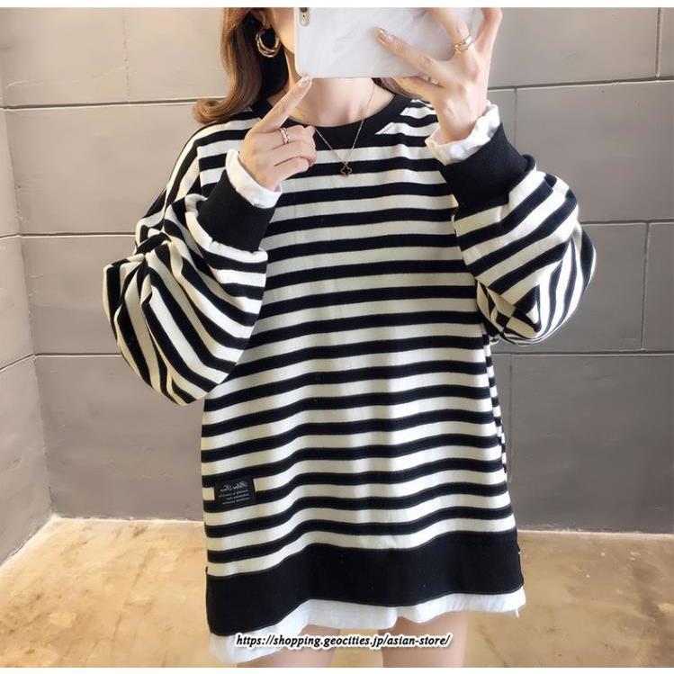 パーカー | 重ね着風トレーナー レディース 長袖 トップス カジュアル スウェット ボーダー柄 ゆったり トレーナー トップス 切り替え 可愛い きれいめ レイヤード風