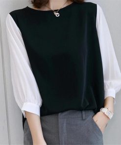 送料無料SALE | ブラウス レディース 切り替え フェイク ストライプ パフスリーブ 無地 黒 白 トップス シャツ 丸ネック 七分袖 夏服 大人 サマー 30代40代 50代 可愛い OL