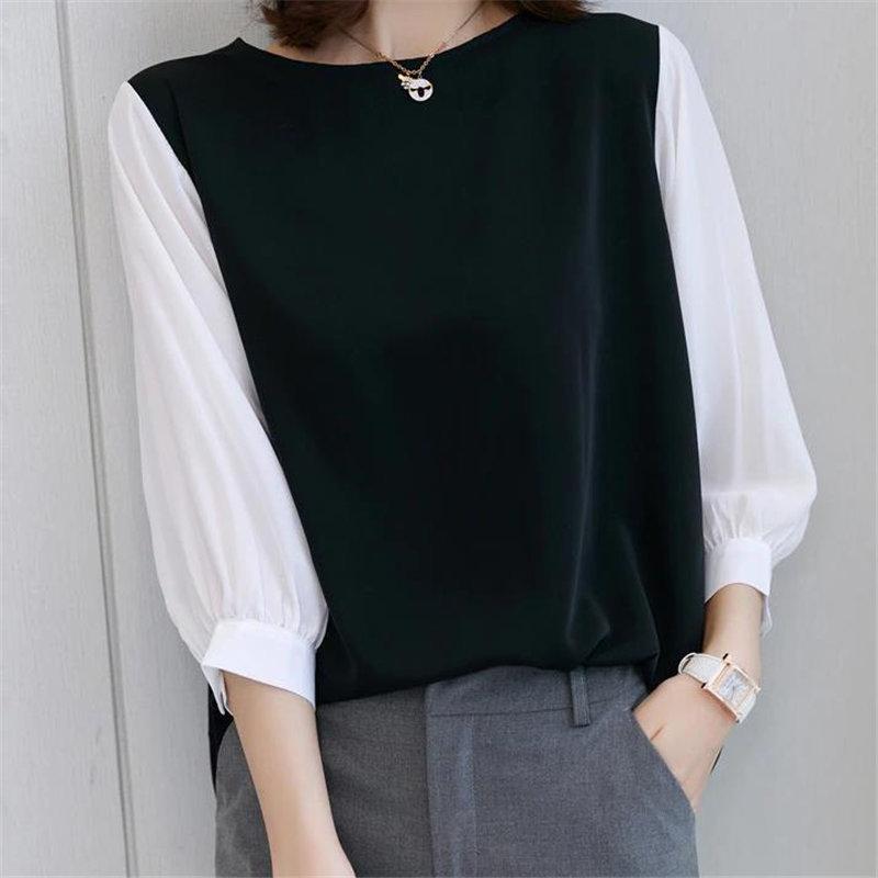 送料無料SALE | ブラウス レディース 切り替え フェイク ストライプ パフスリーブ 無地 黒 白 トップス シャツ 丸ネック 七分袖 夏服 大人 サマー 30代40代 50代 可愛い OL
