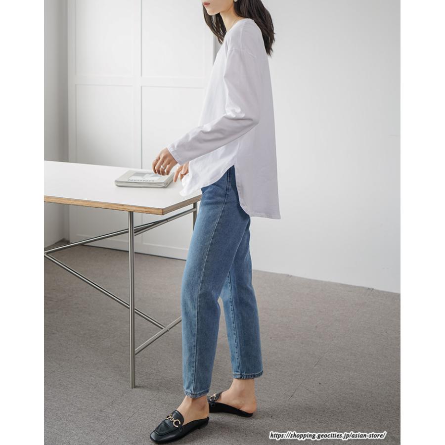 tシャツ・カットソー | Tシャツ Tシャツ コットン長袖オーバーサイズ裾ラウンドTシャツ レディース 綿Tシャツ 長袖Tシャツ クルーネック 秋物 ミドル丈 無地 丸首 長袖