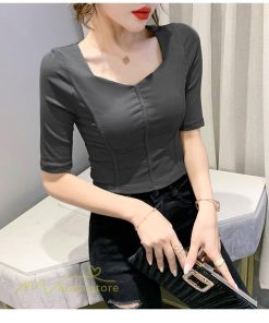 ｔシャツ・カットソー | Tシャツ Tシャツ レディース カットソー 着痩せ 5分袖 着回し 人気 スクエアネック ストレッチ 無地 ショート丈 細身 カジュアルトップス 着痩せ サマー きれい