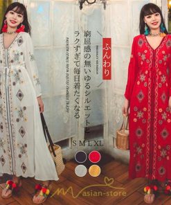 マキシ | ワンピース 長袖 レディース ロング丈 マキシ丈 綿麻 コットン リネン Aライン ゆったり 体型カバー 大人 可愛い 海外旅行 秋 夏 エスニック ナチュラル 春