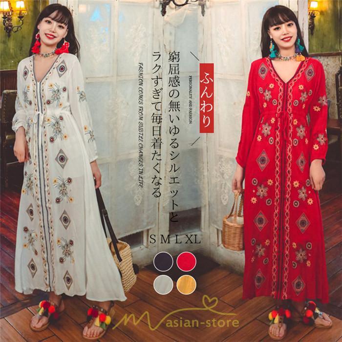 マキシ | ワンピース 長袖 レディース ロング丈 マキシ丈 綿麻 コットン リネン Aライン ゆったり 体型カバー 大人 可愛い 海外旅行 秋 夏 エスニック ナチュラル 春
