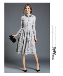 在庫ある | 短納期レースドレス フレアワンピース 膝丈ワンピ ハイウエスト シルエット 二次会 披露宴 ダンス 舞台衣装 エレガント 上品 着痩せ 結婚式 パーティー OL