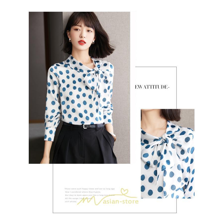 シャツ・ブラウス | ブラウス レディース シャツ トップス リボン 長袖 シフォン オフィス ドット柄 おしゃれ 高級感 ゆったり 日常 体型カバー デート 外出 通勤 着痩せ