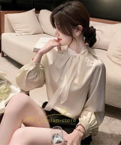 シャツ・ブラウス | ブラウス リボン リボンタイ バルーン袖 バルーンスリーブ シャツ 無地 長袖シャツ ファッション カジュアル エレガント 細身 OL オシャレ 通勤 新作 優雅 上品