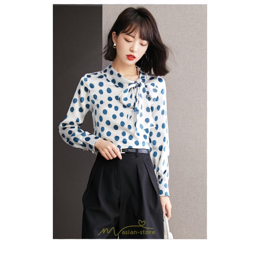 シャツ・ブラウス | ブラウス レディース シャツ トップス リボン 長袖 シフォン オフィス ドット柄 おしゃれ 高級感 ゆったり 日常 体型カバー デート 外出 通勤 着痩せ