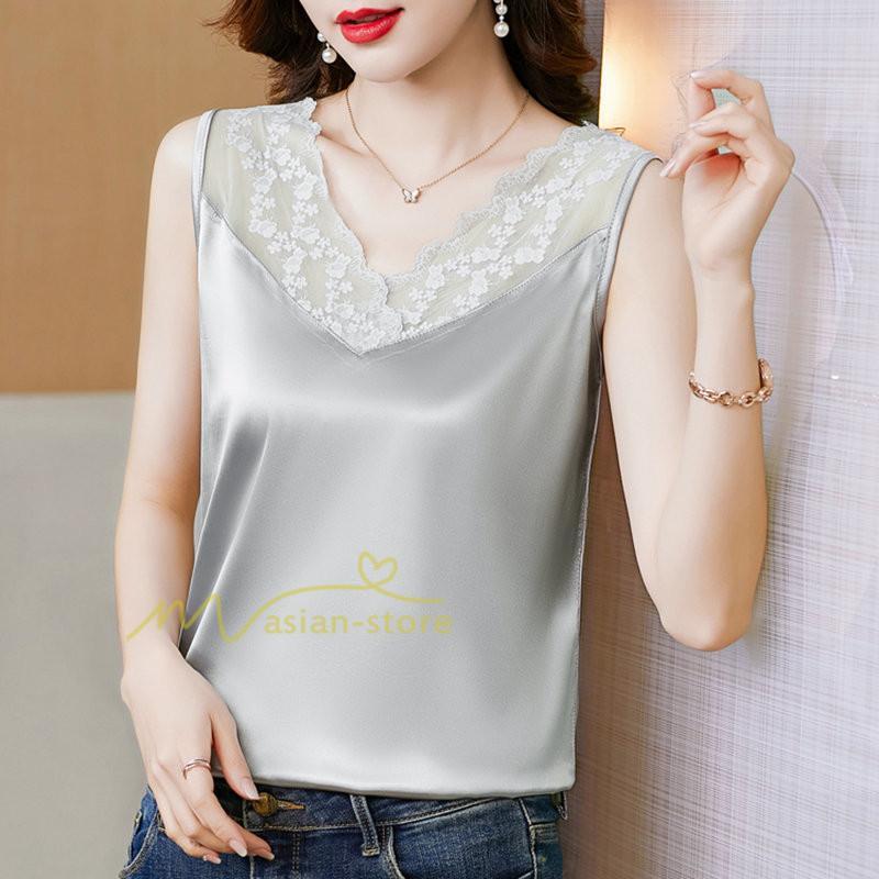 キャミソール タンクトップ | トップス タンクトップ レディース ノースリーブ Vネック Vネックタンク 20代30代40代50代 ママ 母 インナー カジュアル お出かけ カシュクール レース付き