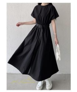 マキシ | 夏ワンピース ロングワンピース フレア 無地 半袖 ベルト付き Aラインワンピース レディース ワンピ 可愛い 体型カバー 大きいサイズ ゆったり カジュアル
