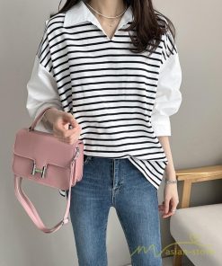シャツ・ブラウス | ブラウスシャツ レディース 七分袖 Tシャツ 切り替え ボーダー フェイク 重ね着風 レイヤード トップス オフィスカジュアル 大人 20代 50代 通勤 30代