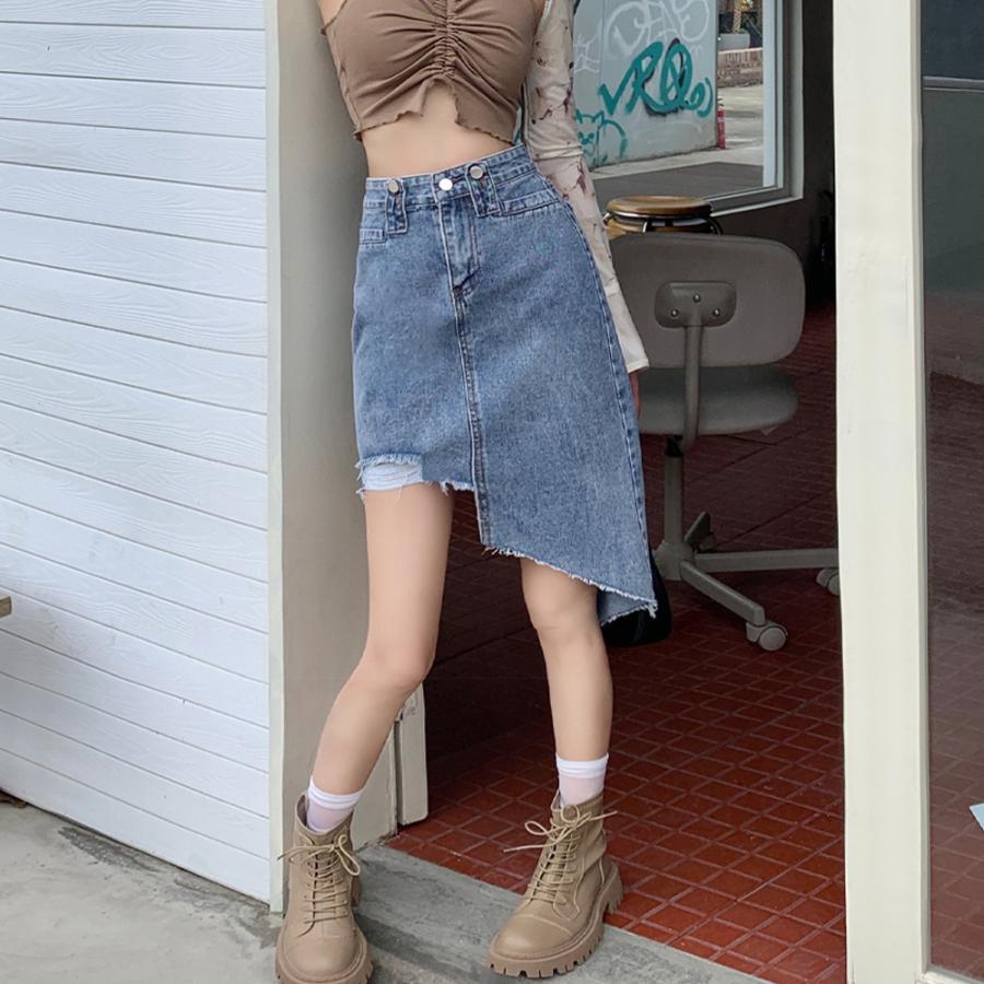 ひざ丈スカート | デニムスカート レディース ダメージ加工