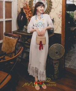 マキシ | ワンピース 七分袖 花と鳥 きれいめ ロング丈 レディース 夏 秋 レトロ 刺繍 レース Vネック エスニック風 リゾート　 イベント カジュアル お出かけ ボヘミアン