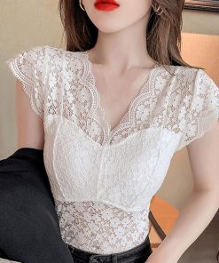 透かし編みトップス | 花柄 総レース トップス Vネック 透け感