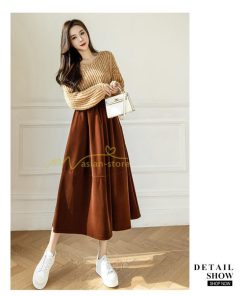 スカート | ロングミモレ丈 Aラインフレアビロードウエストゴム ハイウエスト 秋冬 無地 ゆったり 大人 通学通勤 エレガント