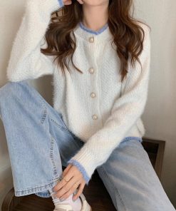 ニット・セーター | アウター Uネック パールボタン付き レディース 無地 ニットカーディガン 長袖 ショートニット ニットトップス