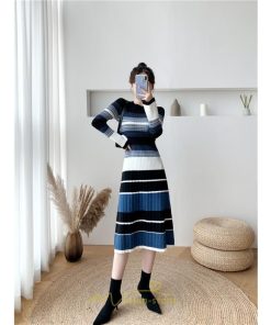 ニットワンピース | ワンピース レディース ニット ワンピース ニット チュニック ロング 長袖 着痩せ 秋冬 送料無料 ボーダー柄 2022新作 韓国風 秋冬コーデ 大人可愛い