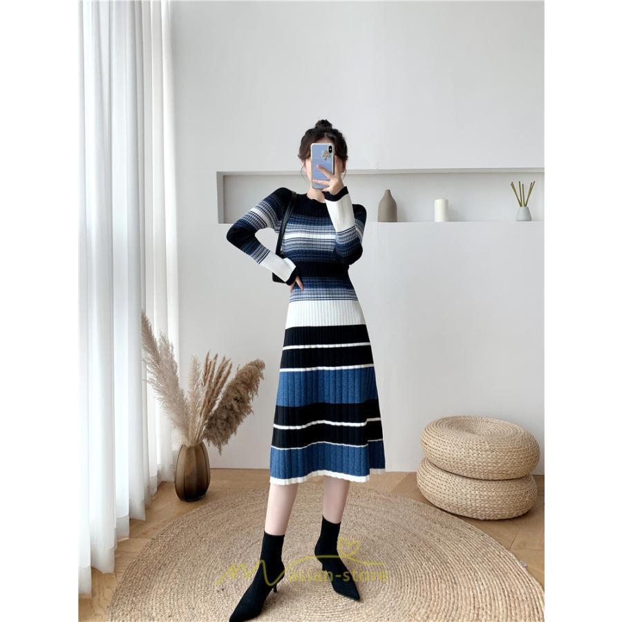 ニットワンピース | ワンピース レディース ニット ワンピース ニット チュニック ロング 長袖 着痩せ 秋冬 送料無料 ボーダー柄 2022新作 韓国風 秋冬コーデ 大人可愛い