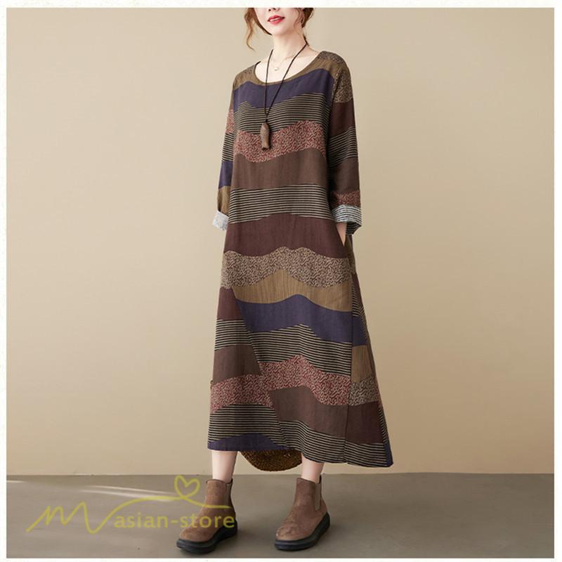 マキシ | ワンピース ロング丈 レディース シンプル 長袖ワンピース Aライン 秋コーデ カジュアル 丸首 40代 体型カバー ゆるワンピース 大きいサイズ ゆったり 50代