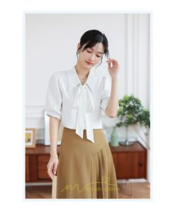 シャツ・ブラウス | シフォンブラウス 半袖 レディース シフォン ブラウス 白 青 フォーマル 開襟 服 バブルスリーブ 蝶結び 着痩せ 春 韓国風 通勤 おしゃれ 女性 上品 夏